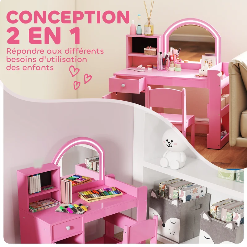 Coiffeuse pour enfant avec tabouret miroir led rangements 89 x 39 x 97 cm bureau intégré moderne scandinave en MDF rose 21_0000272