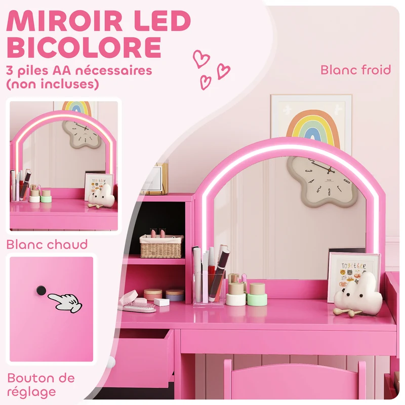Coiffeuse pour enfant avec tabouret miroir led rangements 89 x 39 x 97 cm bureau intégré moderne scandinave en MDF rose 21_0000272