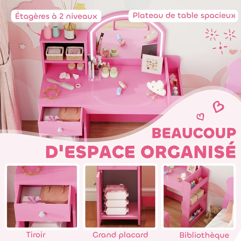 Coiffeuse pour enfant avec tabouret miroir led rangements 89 x 39 x 97 cm bureau intégré moderne scandinave en MDF rose 21_0000272