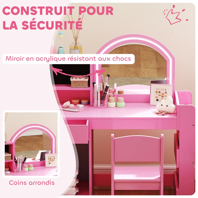 Coiffeuse pour enfant avec tabouret miroir led rangements 89 x 39 x 97 cm bureau intégré moderne scandinave en MDF rose 21_0000272