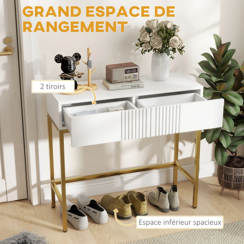 Console d'entrée 80 x 31.5 x 75 cm avec 2 tiroirs antibasculement pieds stables style moderne en bois d'ingénierie blanc 21_0002710