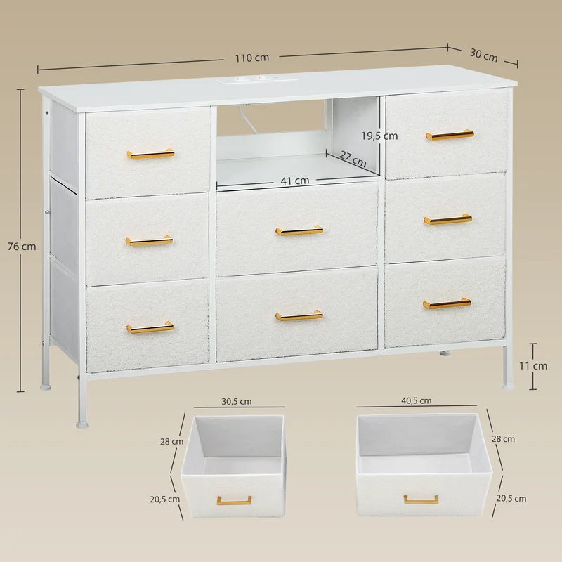 Commode 8 tiroirs 110 x 30 x 76 cm prises usb et type-c intégrées gain de place moderne épuré en tissu bouclette crème 21_0001669
