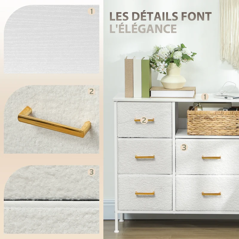 Commode 8 tiroirs 110 x 30 x 76 cm prises usb et type-c intégrées gain de place moderne épuré en tissu bouclette crème 21_0001669