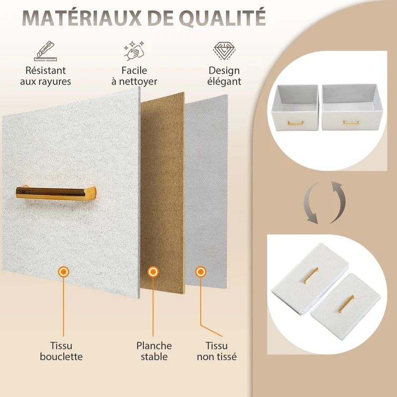 Commode 8 tiroirs 110 x 30 x 76 cm prises usb et type-c intégrées gain de place moderne épuré en tissu bouclette crème 21_0001669