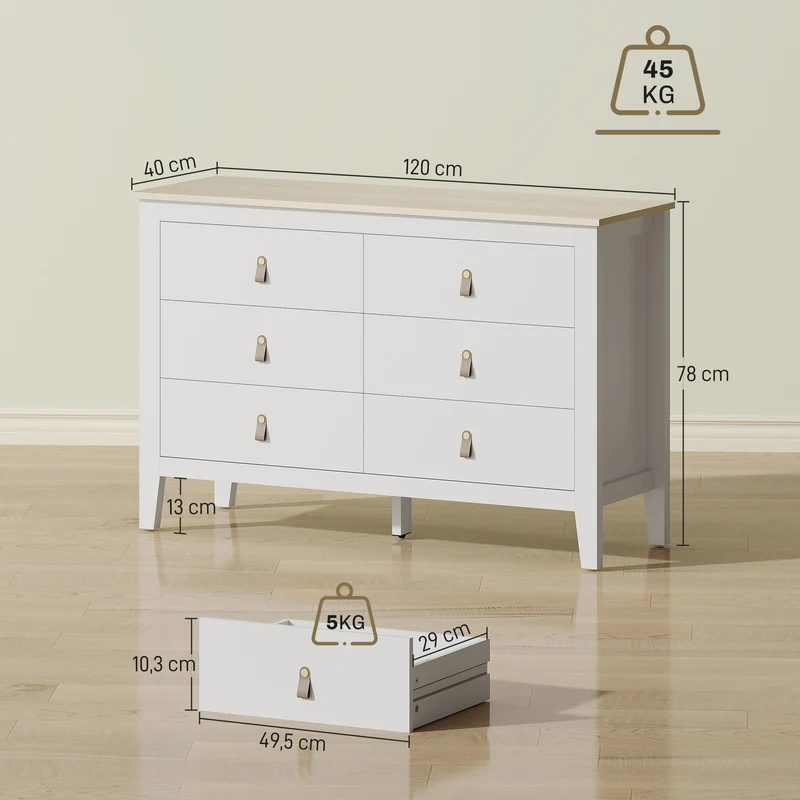 Commode 6 tiroirs chambre 120 x 40 x 78 cm coulisses silencieuses sécurité contemporain en panneau de particules blanc 21_0001673