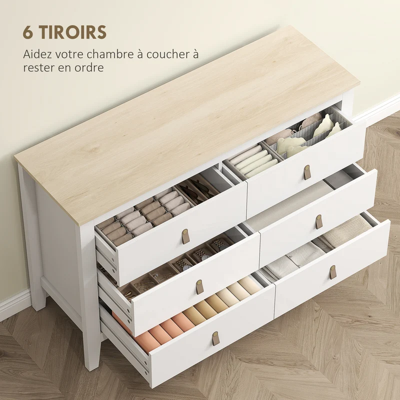 Commode 6 tiroirs chambre 120 x 40 x 78 cm coulisses silencieuses sécurité contemporain en panneau de particules blanc 21_0001673
