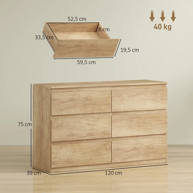 Commode de rangement 120 x 39 x 75 cm 6 tiroirs gain de place design minimaliste finition brillante chambre en MDF chêne 21_0001571