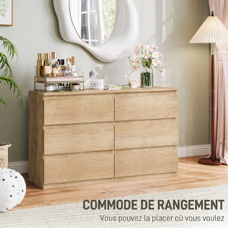 Commode de rangement 120 x 39 x 75 cm 6 tiroirs gain de place design minimaliste finition brillante chambre en MDF chêne 21_0001571