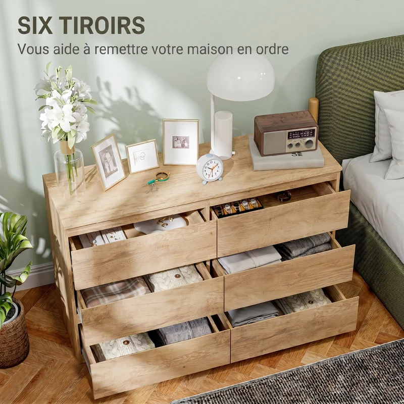 Commode de rangement 120 x 39 x 75 cm 6 tiroirs gain de place design minimaliste finition brillante chambre en MDF chêne 21_0001571