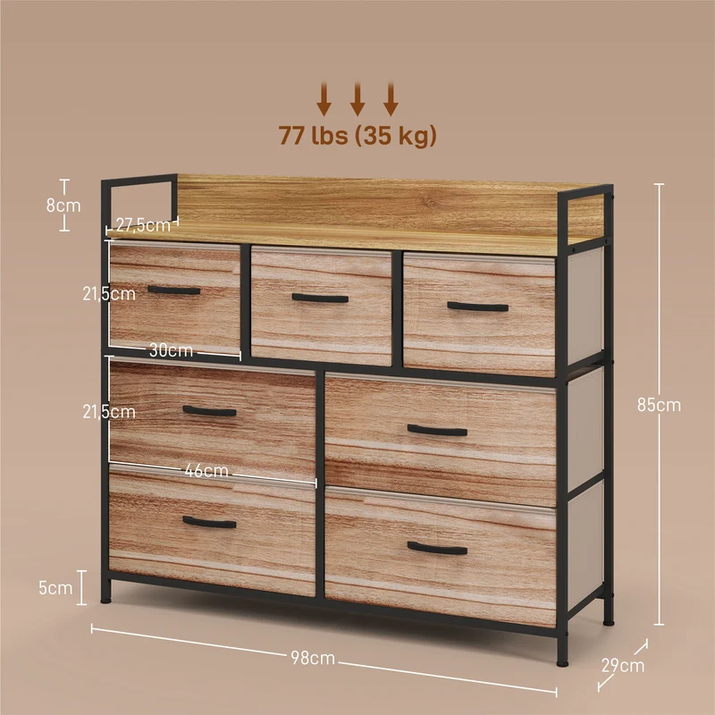 Commode 7 tiroirs rangement 98 x 29 x 85 cm gain de place montage facile style scandinave contemporain en MDF naturel 21_0001597