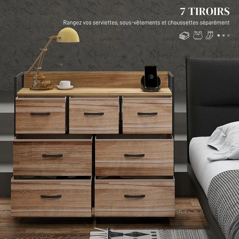 Commode 7 tiroirs rangement 98 x 29 x 85 cm gain de place montage facile style scandinave contemporain en MDF naturel 21_0001597