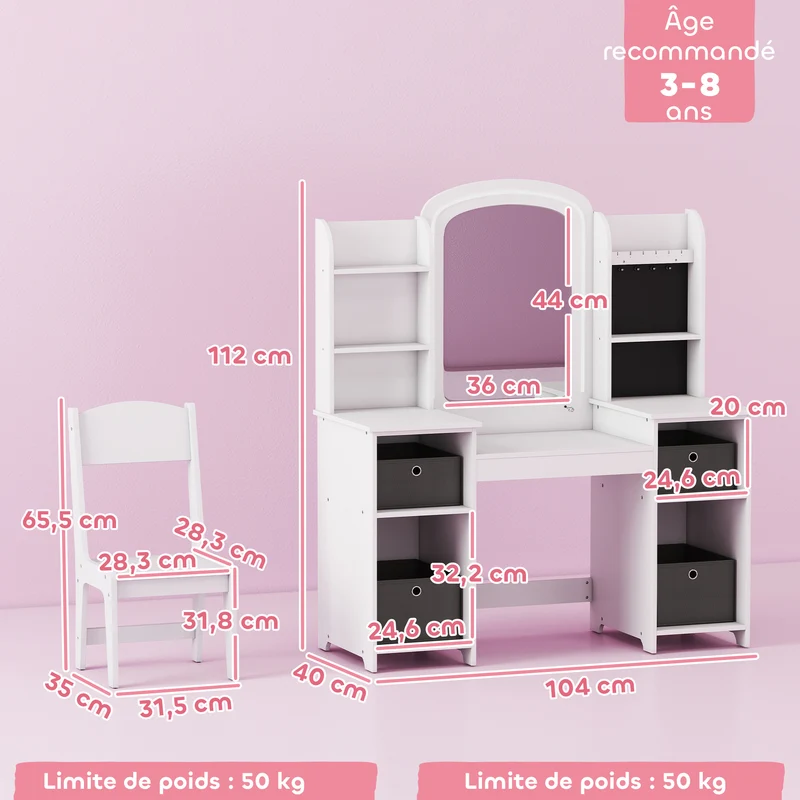 Coiffeuse pour enfant tabouret miroir led 104 x 40 x 112 cm rangements et crochets bijoux moderne tendance en MDF blanc 21_0000270