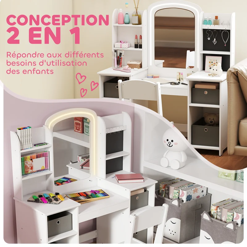 Coiffeuse pour enfant tabouret miroir led 104 x 40 x 112 cm rangements et crochets bijoux moderne tendance en MDF blanc 21_0000270