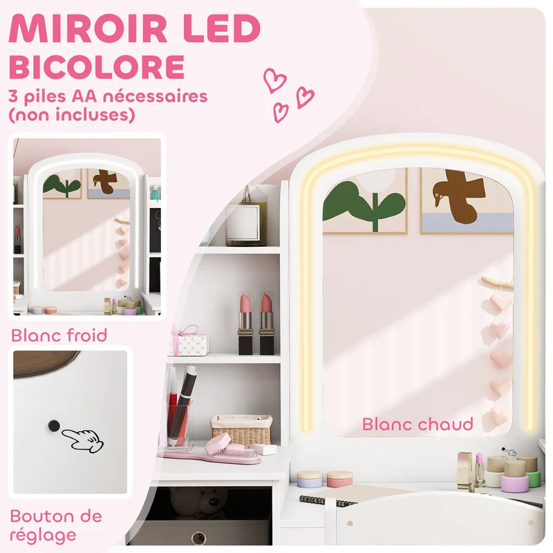 Coiffeuse pour enfant tabouret miroir led 104 x 40 x 112 cm rangements et crochets bijoux moderne tendance en MDF blanc 21_0000270