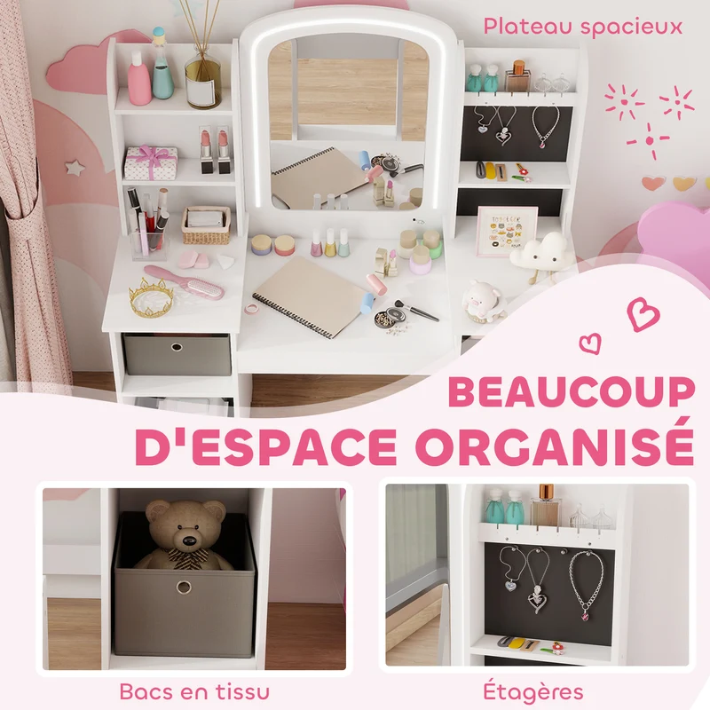 Coiffeuse pour enfant tabouret miroir led 104 x 40 x 112 cm rangements et crochets bijoux moderne tendance en MDF blanc 21_0000270