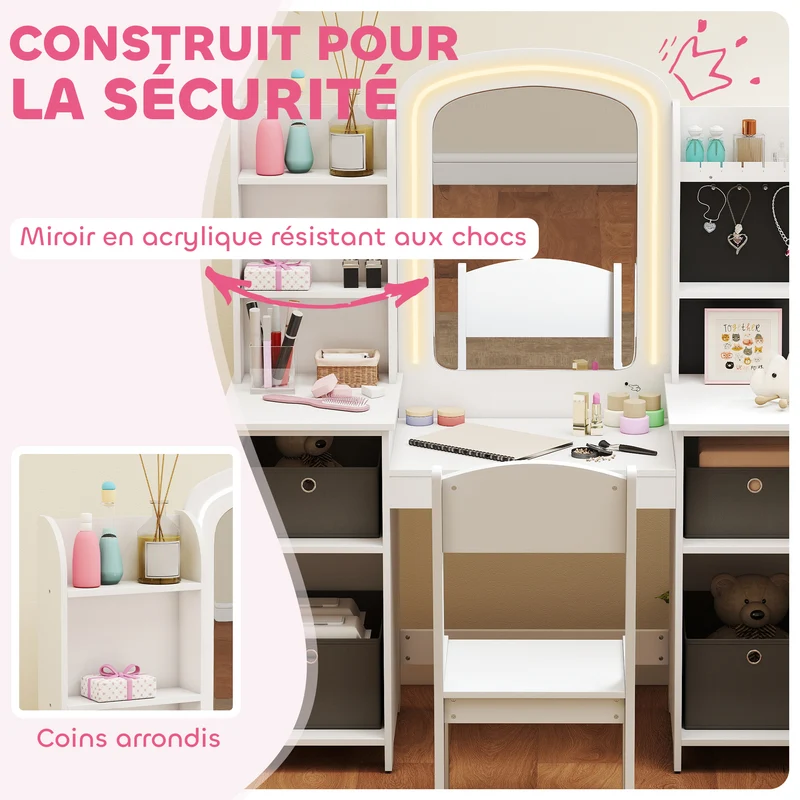 Coiffeuse pour enfant tabouret miroir led 104 x 40 x 112 cm rangements et crochets bijoux moderne tendance en MDF blanc 21_0000270