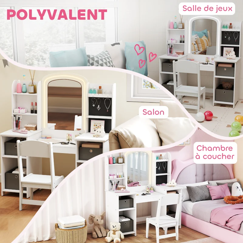 Coiffeuse pour enfant tabouret miroir led 104 x 40 x 112 cm rangements et crochets bijoux moderne tendance en MDF blanc 21_0000270
