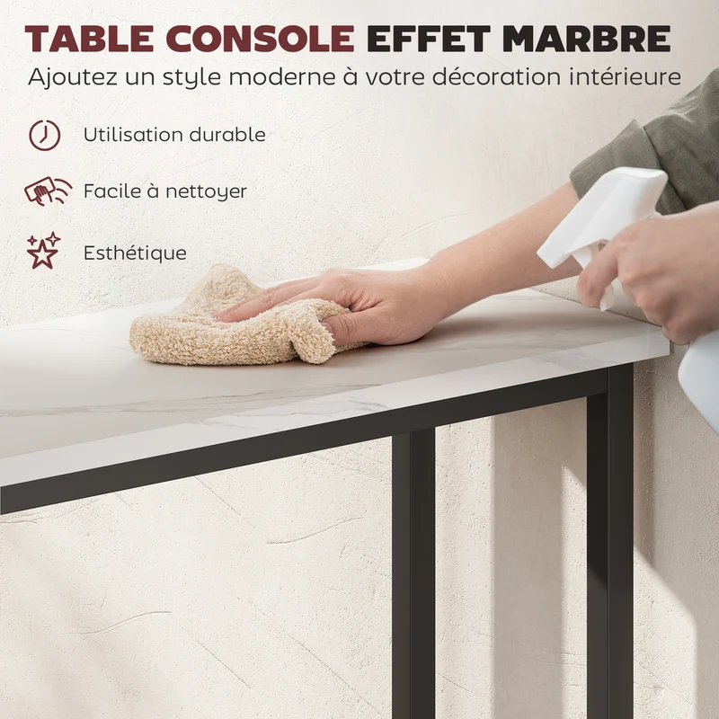 Console entrée plateau effet marbre 75 x 24 x 76 cm profil mince sécurisée style moderne en panneau de particules blanc 21_0002772