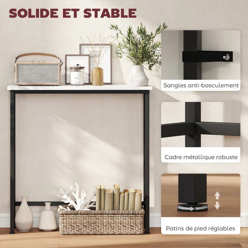 Console entrée plateau effet marbre 75 x 24 x 76 cm profil mince sécurisée style moderne en panneau de particules blanc 21_0002772