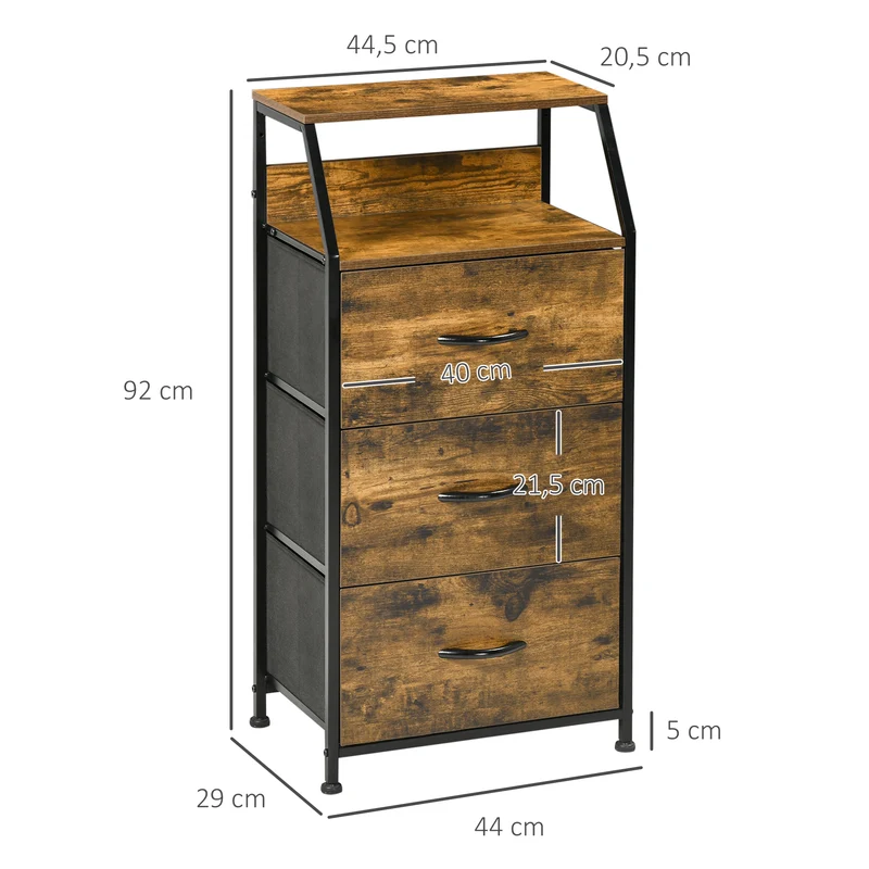 Commode étroite 44 x 29 x 92 cm 3 tiroirs amovibles et étagère ouverte utile style industriel contemporain en MDF marron 21_0002886