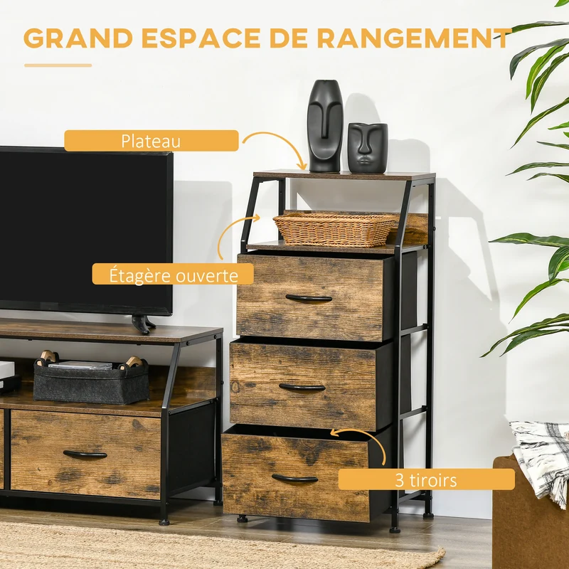 Commode étroite 44 x 29 x 92 cm 3 tiroirs amovibles et étagère ouverte utile style industriel contemporain en MDF marron 21_0002886