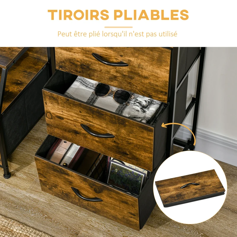 Commode étroite 44 x 29 x 92 cm 3 tiroirs amovibles et étagère ouverte utile style industriel contemporain en MDF marron 21_0002886