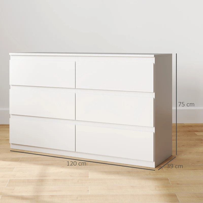 Commode de rangement 120 x 39 x 75 cm 6 tiroirs sans poignées gain de place minimaliste moderne pratique en MDF blanc 21_0001572