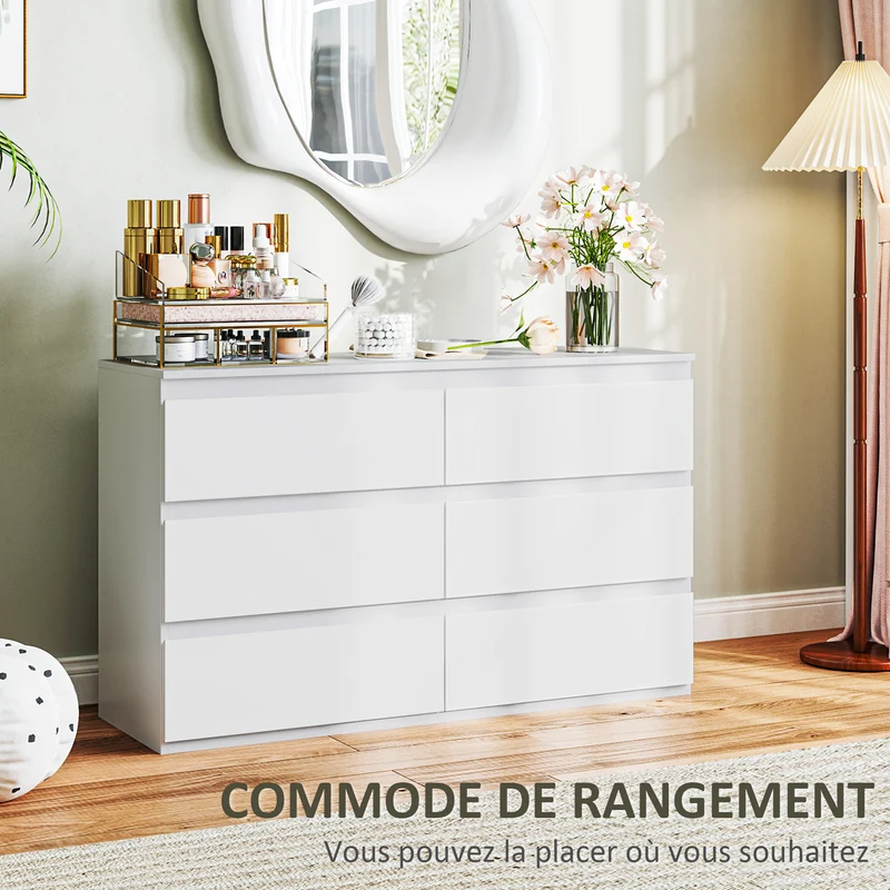Commode de rangement 120 x 39 x 75 cm 6 tiroirs sans poignées gain de place minimaliste moderne pratique en MDF blanc 21_0001572