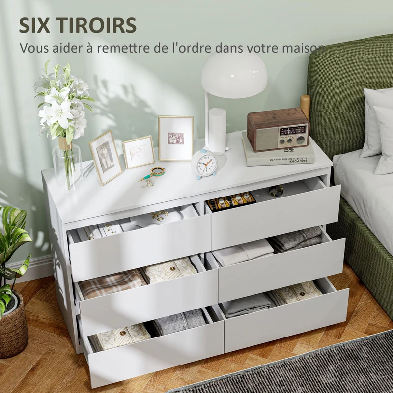 Commode de rangement 120 x 39 x 75 cm 6 tiroirs sans poignées gain de place minimaliste moderne pratique en MDF blanc 21_0001572