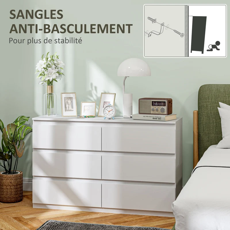 Commode de rangement 120 x 39 x 75 cm 6 tiroirs sans poignées gain de place minimaliste moderne pratique en MDF blanc 21_0001572