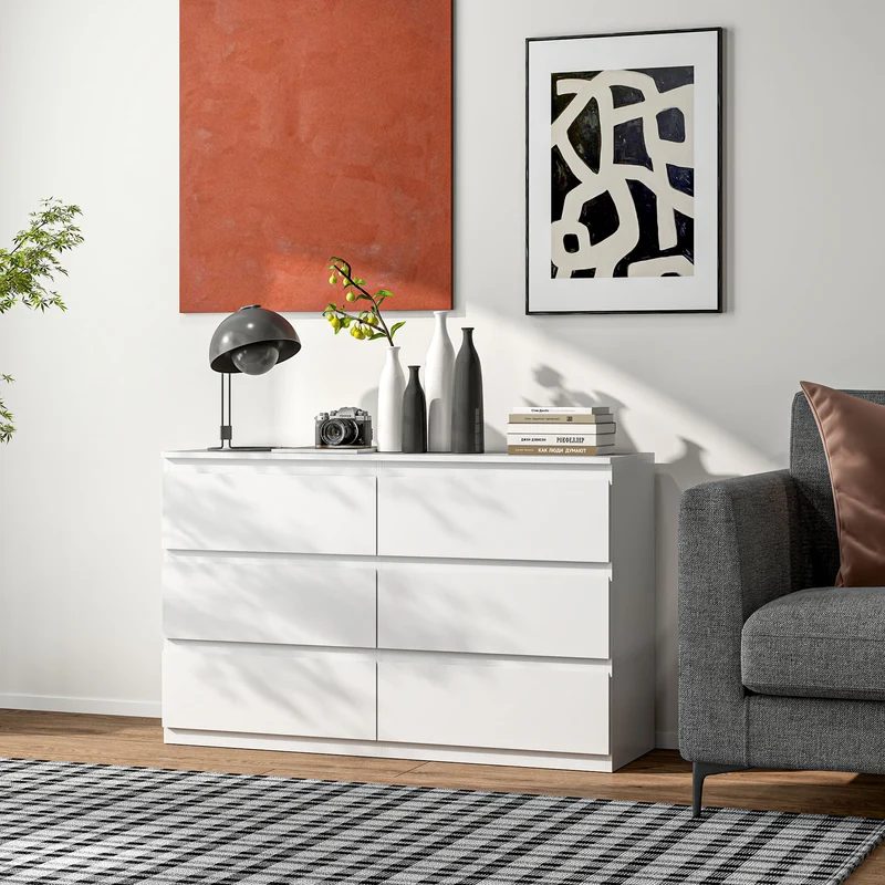 Commode de rangement 120 x 39 x 75 cm 6 tiroirs sans poignées gain de place minimaliste moderne pratique en MDF blanc 21_0001572