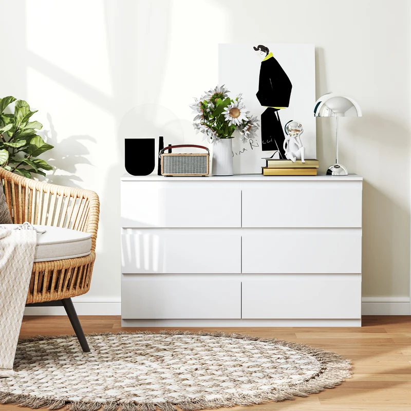 Commode de rangement 120 x 39 x 75 cm 6 tiroirs sans poignées gain de place minimaliste moderne pratique en MDF blanc 21_0001572