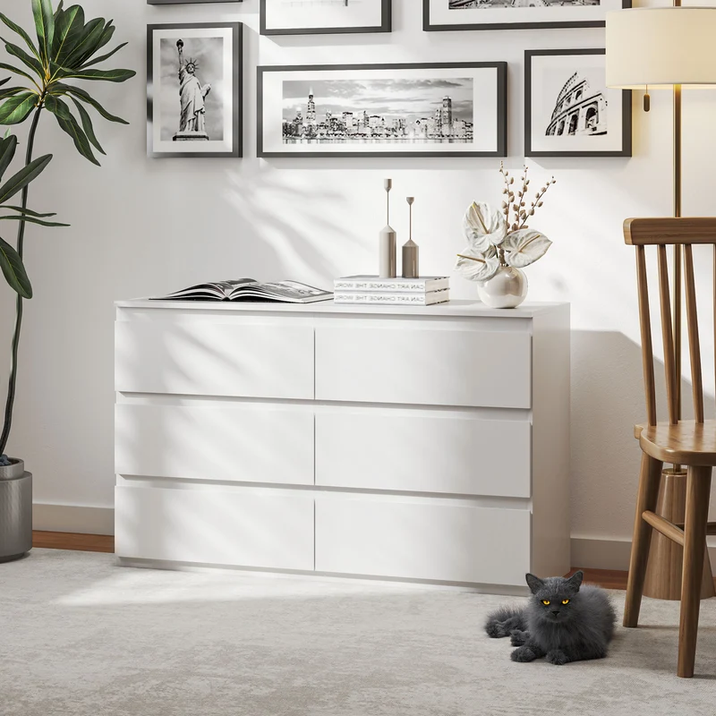 Commode de rangement 120 x 39 x 75 cm 6 tiroirs sans poignées gain de place minimaliste moderne pratique en MDF blanc 21_0001572