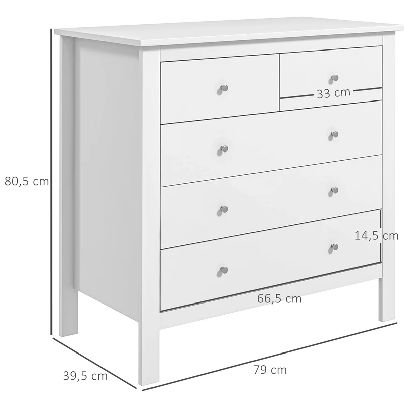 Commode 5 tiroirs rangement chambre 79 x 39,5 x 80,5 cm ouverture silencieuse poignées rétro stable vintage en MDF blanc 21_0001440