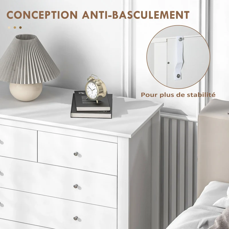 Commode 5 tiroirs rangement chambre 79 x 39,5 x 80,5 cm ouverture silencieuse poignées rétro stable vintage en MDF blanc 21_0001440