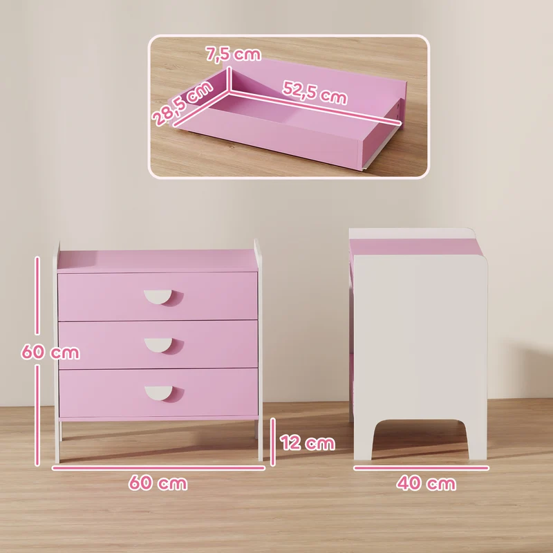 Commode pour enfants 3 tiroirs 60 x 40 x 60 cm rangement ludique favorise l'autonomie chambre scandinave en MDF rose 21_0000166