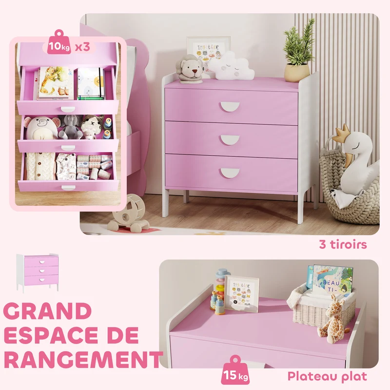 Commode pour enfants 3 tiroirs 60 x 40 x 60 cm rangement ludique favorise l'autonomie chambre scandinave en MDF rose 21_0000166
