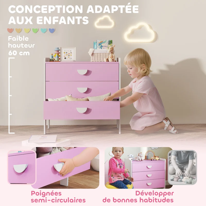 Commode pour enfants 3 tiroirs 60 x 40 x 60 cm rangement ludique favorise l'autonomie chambre scandinave en MDF rose 21_0000166