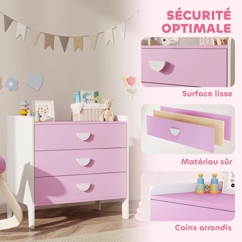 Commode pour enfants 3 tiroirs 60 x 40 x 60 cm rangement ludique favorise l'autonomie chambre scandinave en MDF rose 21_0000166