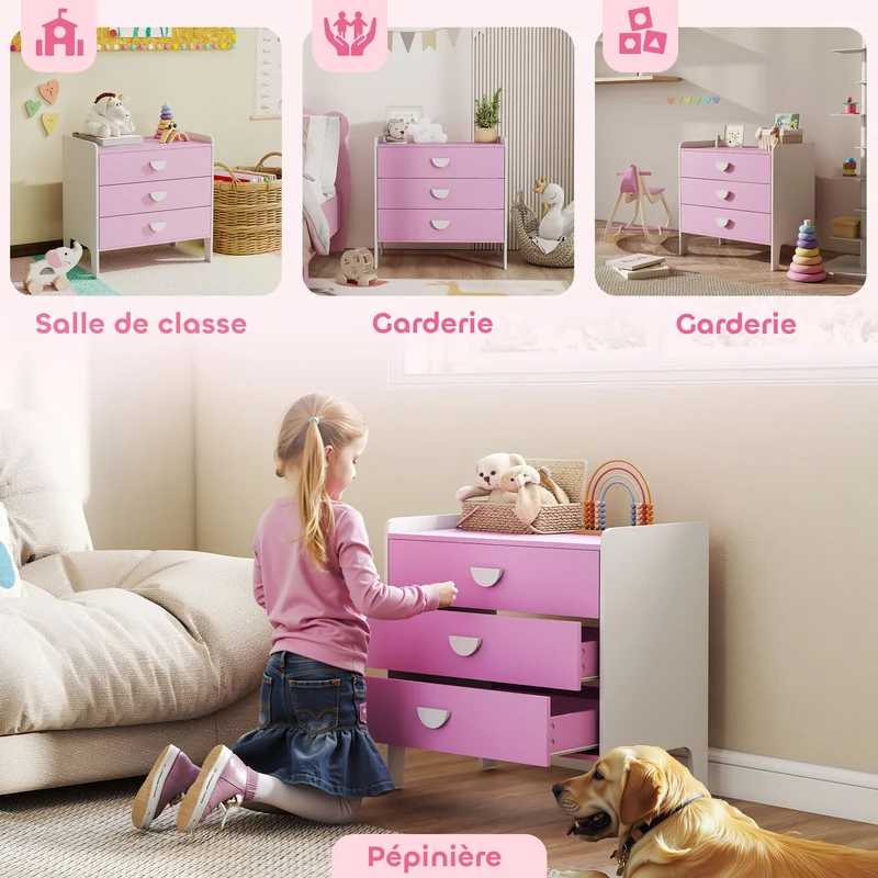 Commode pour enfants 3 tiroirs 60 x 40 x 60 cm rangement ludique favorise l'autonomie chambre scandinave en MDF rose 21_0000166
