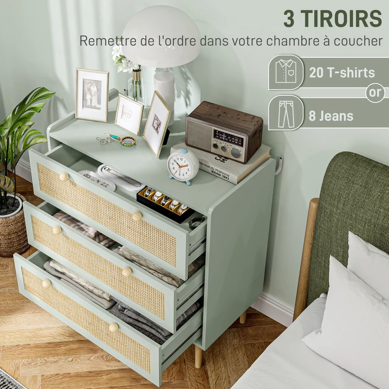 Commode 3 tiroirs salon 80 x 40 x 87,5 cm rangement sécurisé stable anti basculement style décoratif en MDF vert olive 21_0001659