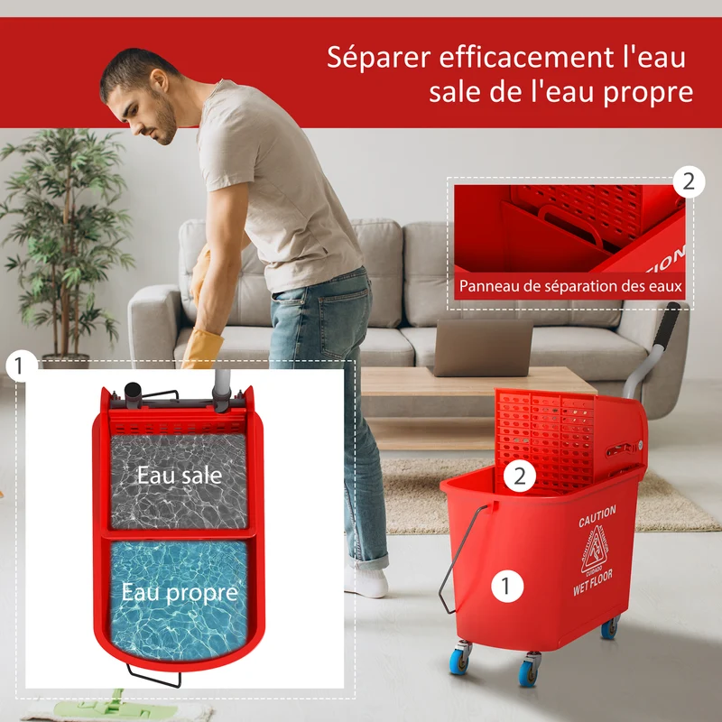 Chariot de nettoyage seau 20 l 60 x 27 x 70.5 cm essoreur intégré séparateur eau propre sale moderne épuré en PP rouge 21_0000922