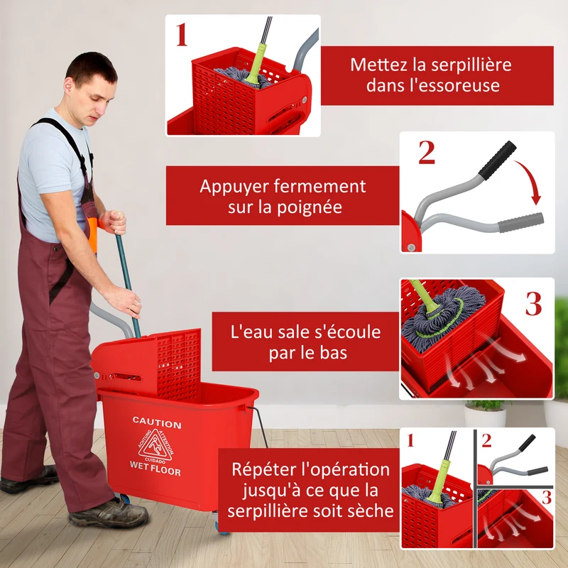 Chariot de nettoyage seau 20 l 60 x 27 x 70.5 cm essoreur intégré séparateur eau propre sale moderne épuré en PP rouge 21_0000922