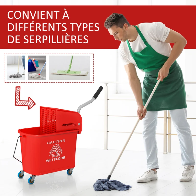 Chariot de nettoyage seau 20 l 60 x 27 x 70.5 cm essoreur intégré séparateur eau propre sale moderne épuré en PP rouge 21_0000922