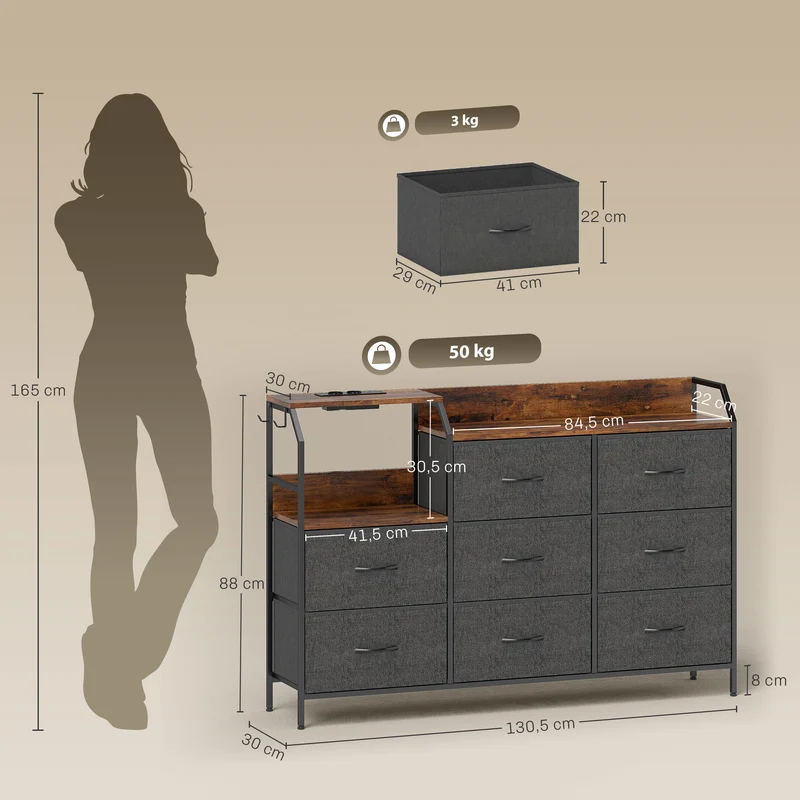 Commode de rangement avec station de recharge 130,5 x 30 x 88 cm 8 tiroirs plateau superposé rustique en bois marron 21_0003778