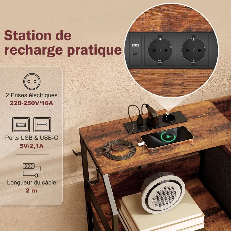 Commode de rangement avec station de recharge 130,5 x 30 x 88 cm 8 tiroirs plateau superposé rustique en bois marron 21_0003778