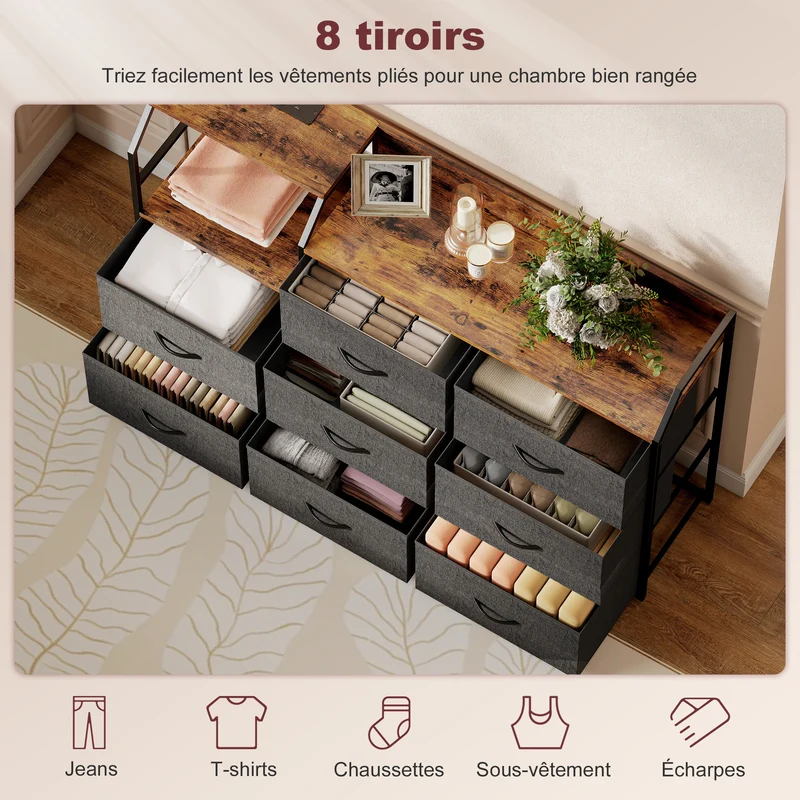 Commode de rangement avec station de recharge 130,5 x 30 x 88 cm 8 tiroirs plateau superposé rustique en bois marron 21_0003778