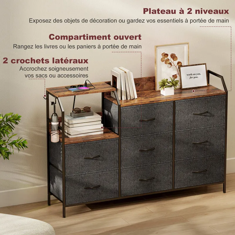 Commode de rangement avec station de recharge 130,5 x 30 x 88 cm 8 tiroirs plateau superposé rustique en bois marron 21_0003778