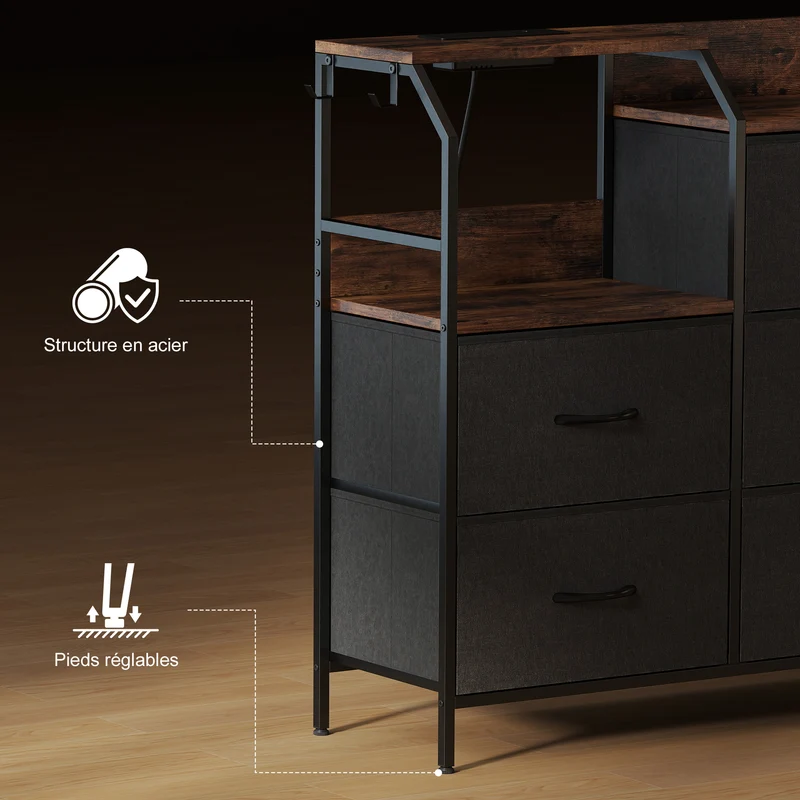 Commode de rangement avec station de recharge 130,5 x 30 x 88 cm 8 tiroirs plateau superposé rustique en bois marron 21_0003778