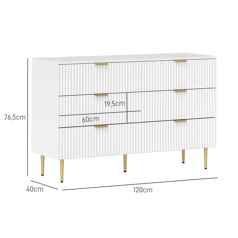 Commode 6 tiroirs chambre 120 x 40 x 76,5 cm grande capacité anti-basculement moderne finitions dorées en MDF blanc 21_0001644